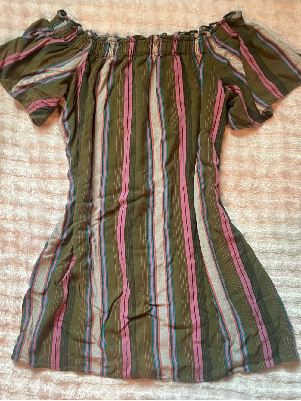 a.n.a Olive Green Pink Striped Off-Shoulder Mini Dress